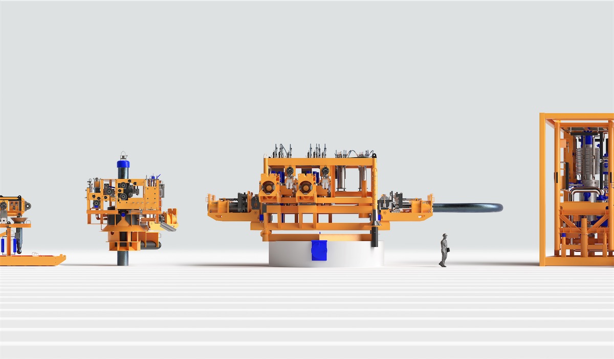 A selection of 3D renders of OneSubsea products, from left to right showing the right edge of a subsea connection system, then a subsea horizontal christmas tree,  a subsea manifold, and the left edge of a subsea boosting station.